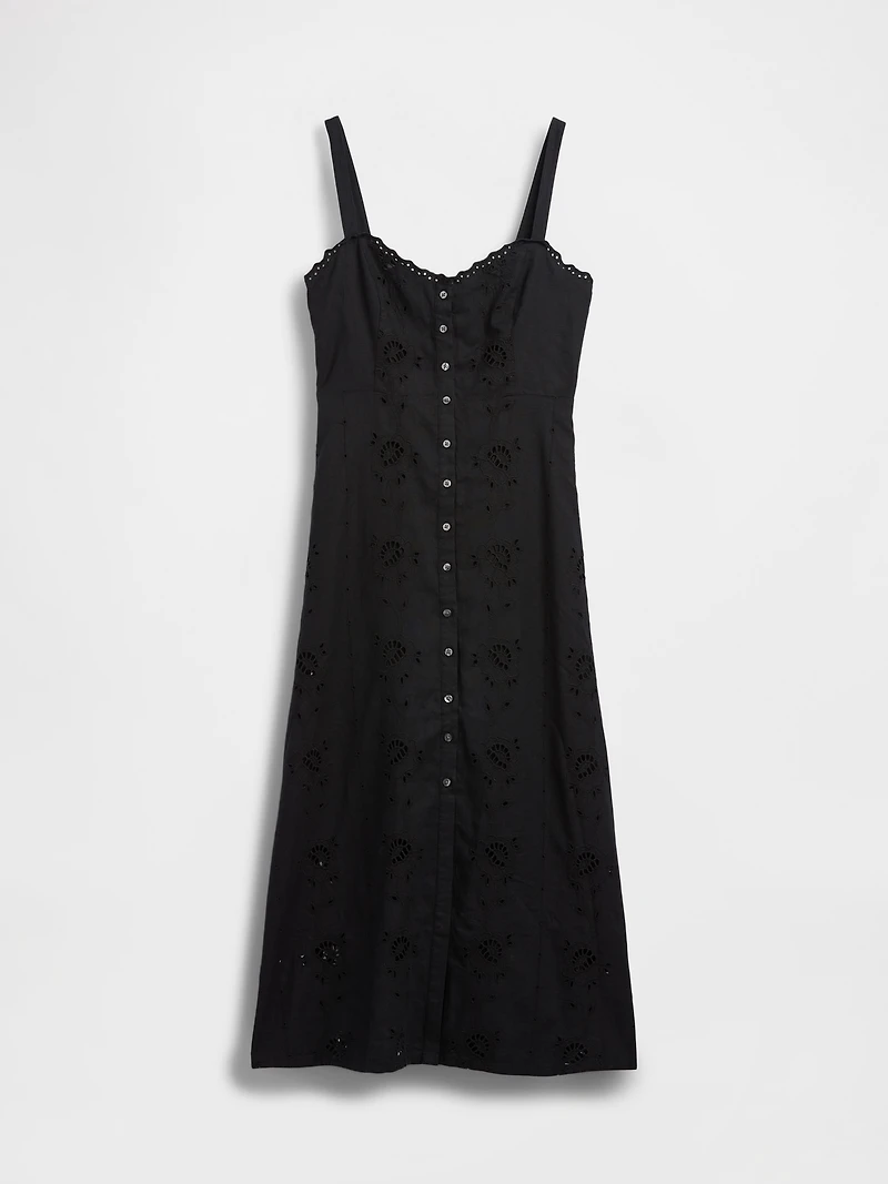 Linen-Blend Embroidered Cami Maxi Dress