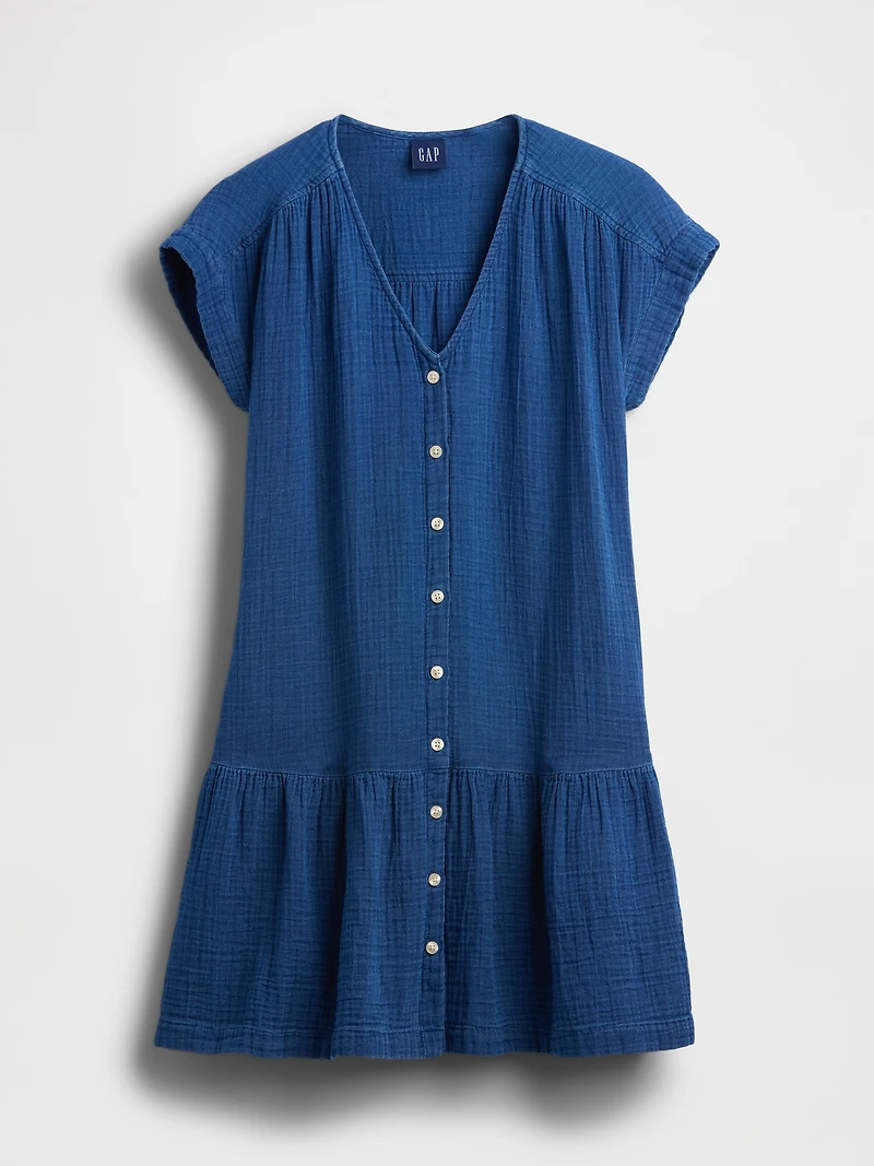 Cotton Gauze Denim Drop-Waist Mini Shirtdress