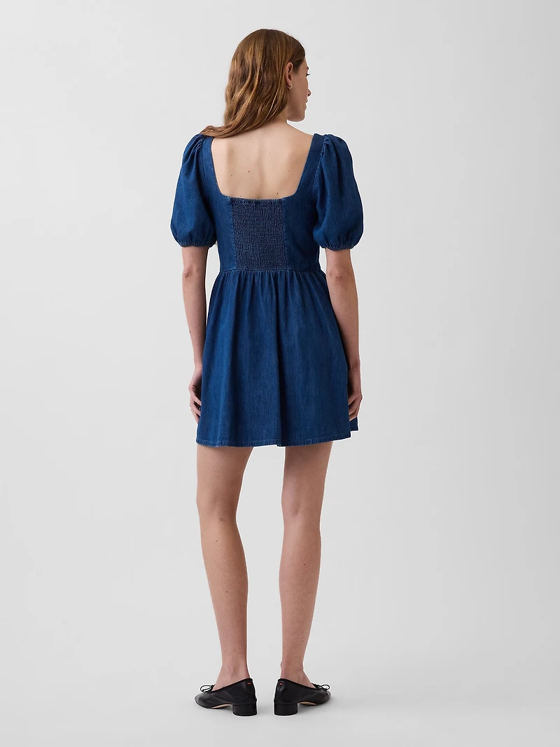 Denim Puff-Sleeve Sweetheart Mini Dress