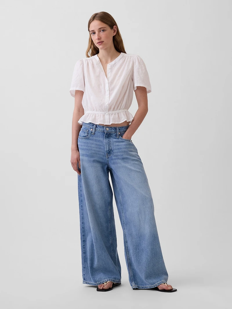 Button-Front Crop Peplum Top
