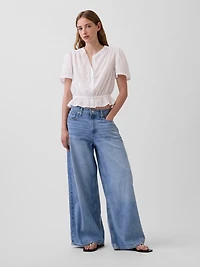 Button-Front Crop Peplum Top