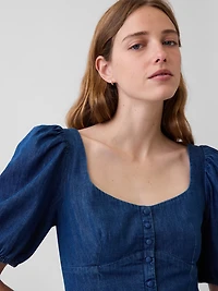 Denim Puff-Sleeve Sweetheart Mini Dress