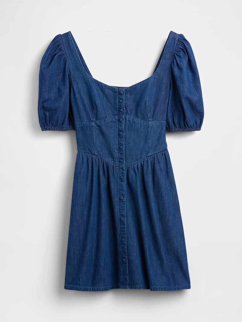 Denim Puff-Sleeve Sweetheart Mini Dress