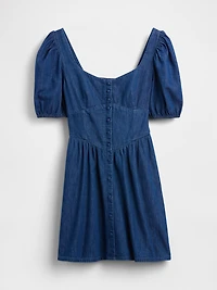 Denim Puff-Sleeve Sweetheart Mini Dress
