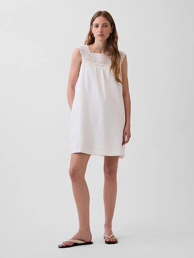 Linen-Blend Crochet Yoke Mini Dress