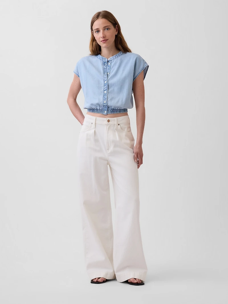 Denim Cap-Sleeve Crop Button-Front Top