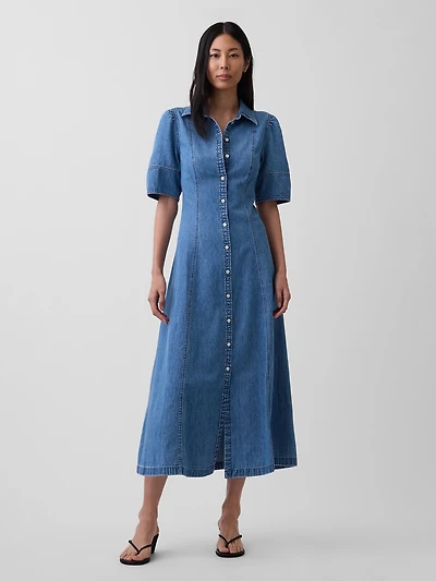 Denim Barrel-Sleeve Midi Shirtdress