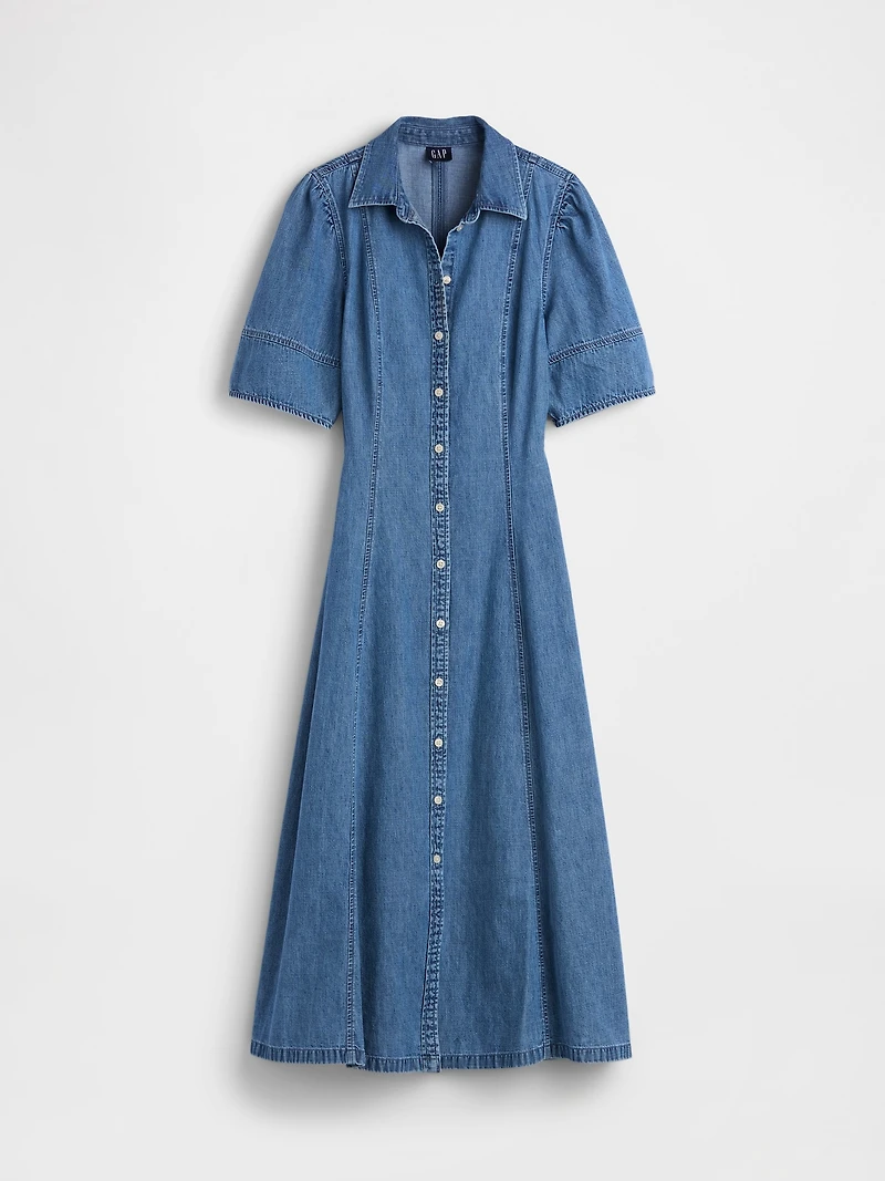 Denim Barrel-Sleeve Midi Shirtdress