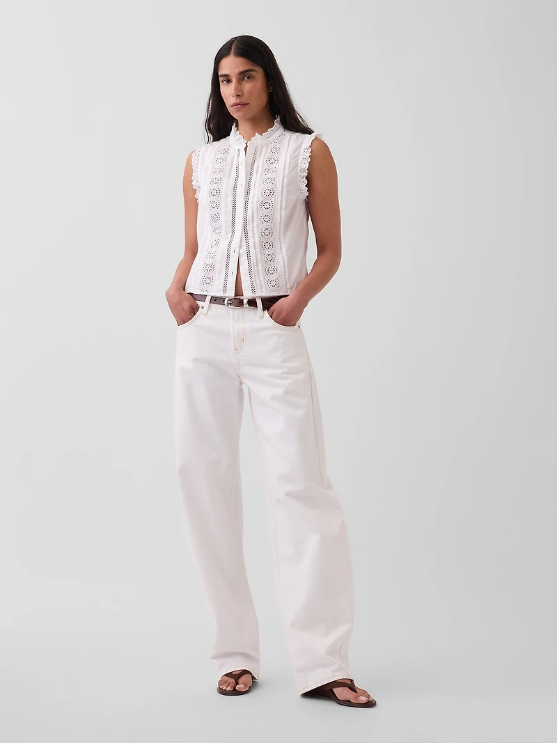 Lace-Trim Pintuck Button-Front Top