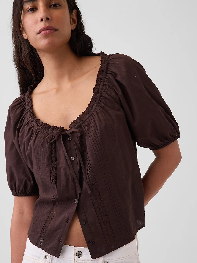Elbow-Sleeve Crop Pintuck Top