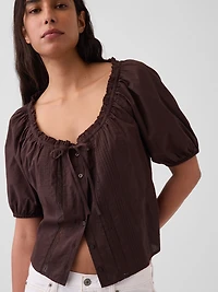 Elbow-Sleeve Crop Pintuck Top