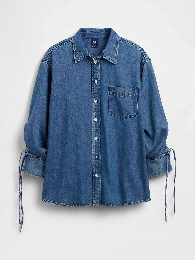 UltraSoft Denim Oversized Ruched-Sleeve Shirt
