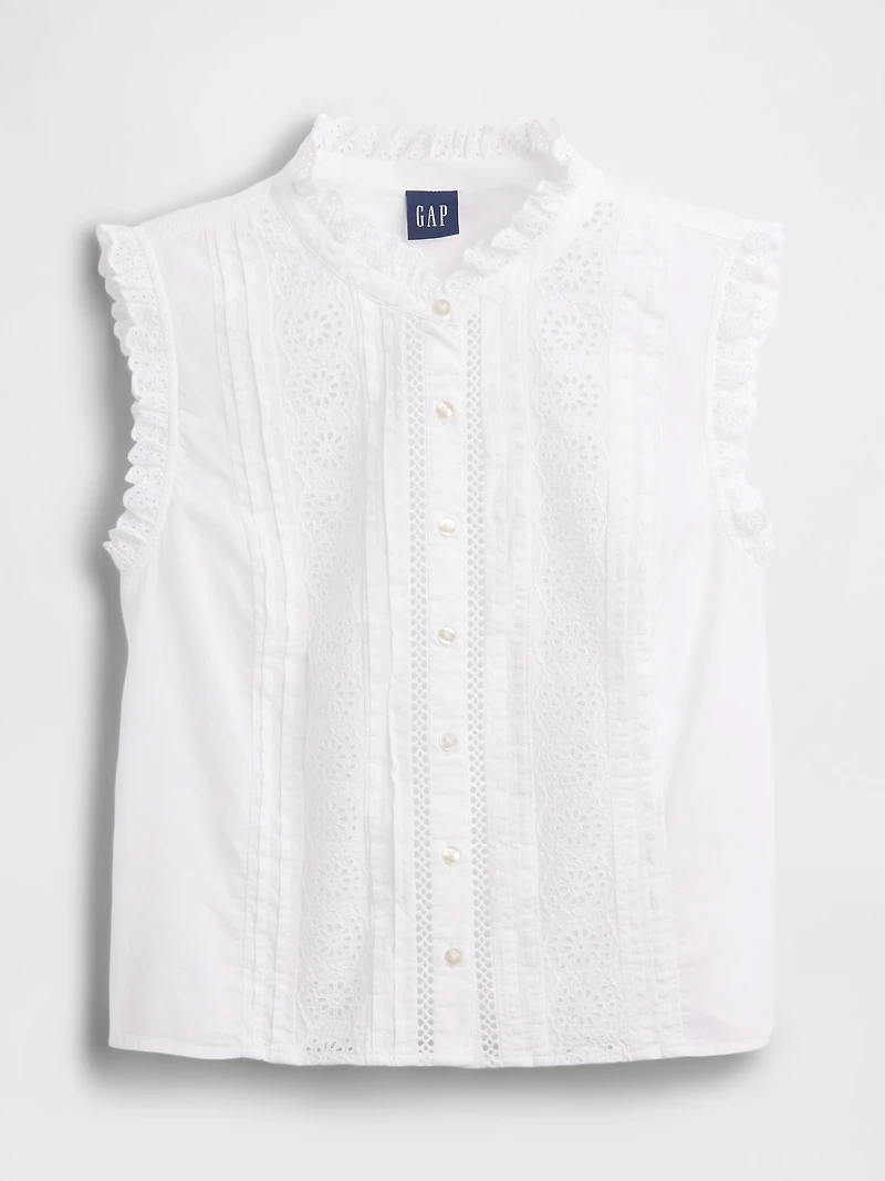Lace-Trim Pintuck Button-Front Top