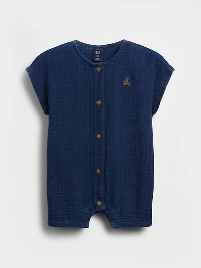 Une-pièce à short court en denim de gaze coton pour Bébé