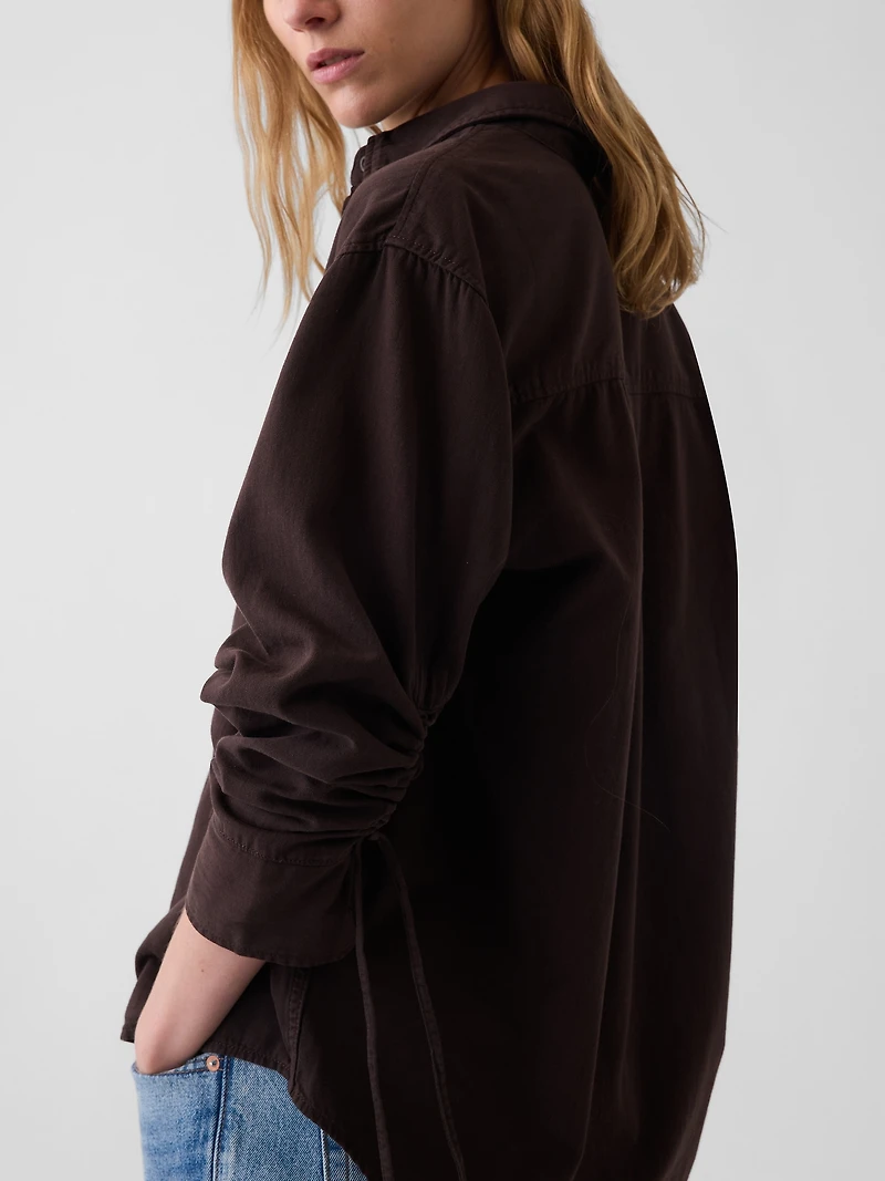 Denim Oversized Ruched-Sleeve Shirt