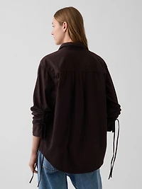 Denim Oversized Ruched-Sleeve Shirt