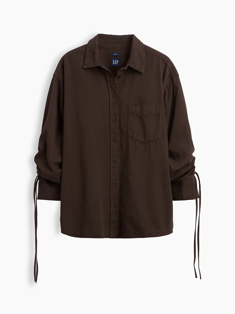 Denim Oversized Ruched-Sleeve Shirt