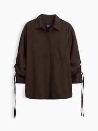 Denim Oversized Ruched-Sleeve Shirt