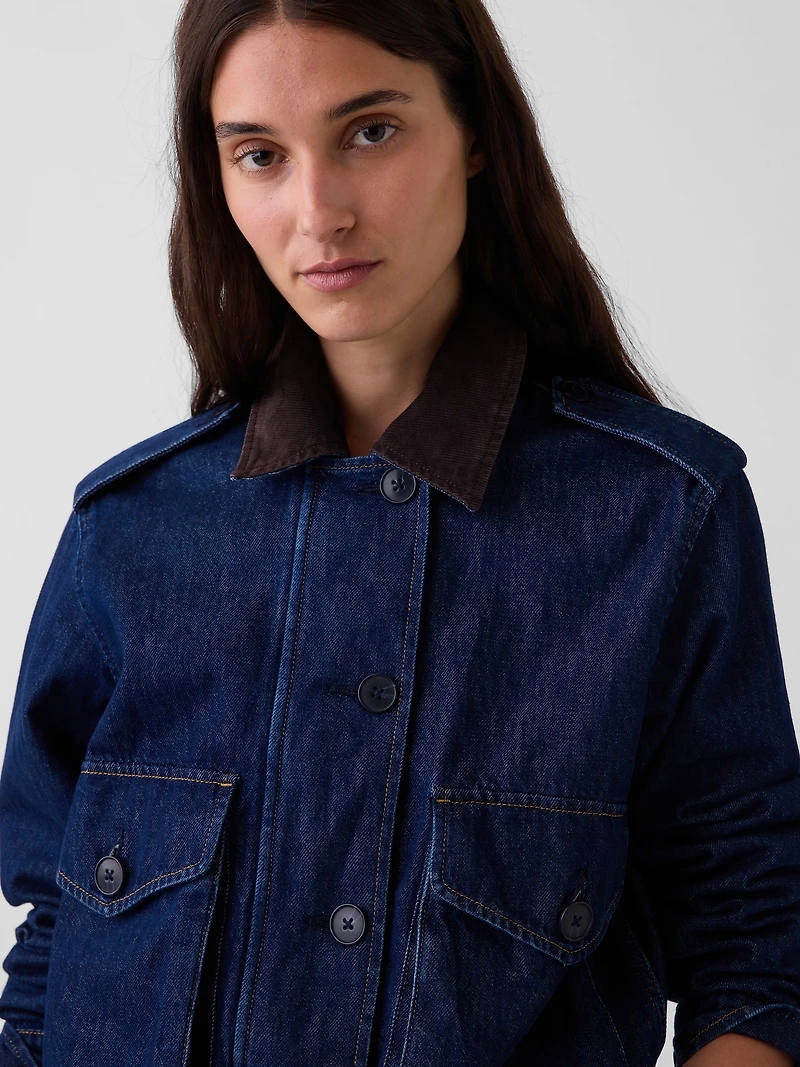 Corduroy-Collar Relaxed Denim Jacket