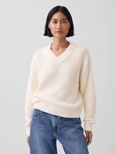 100% Cotton Oversized Shaker V-Neck Sweater