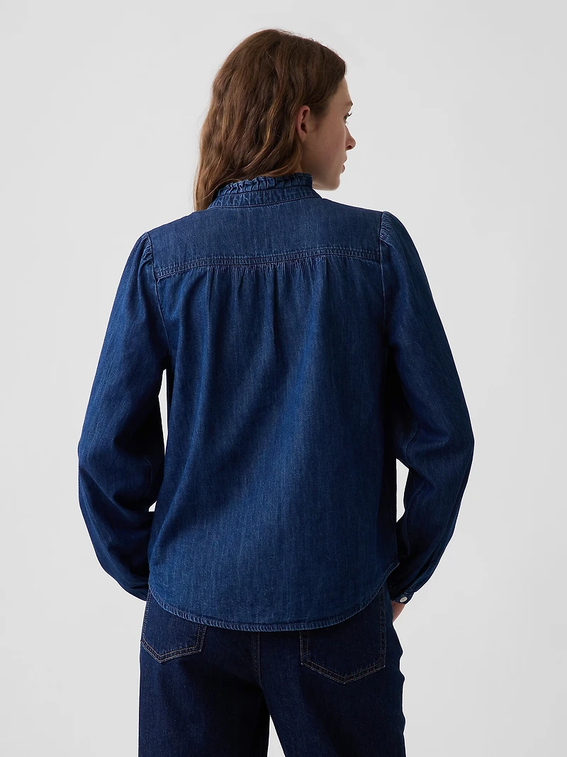 Denim Tie-Neck Popover Shirt