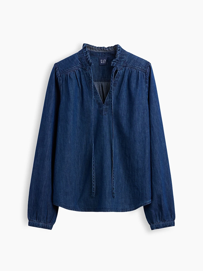 Denim Tie-Neck Popover Shirt