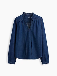 Denim Tie-Neck Popover Shirt