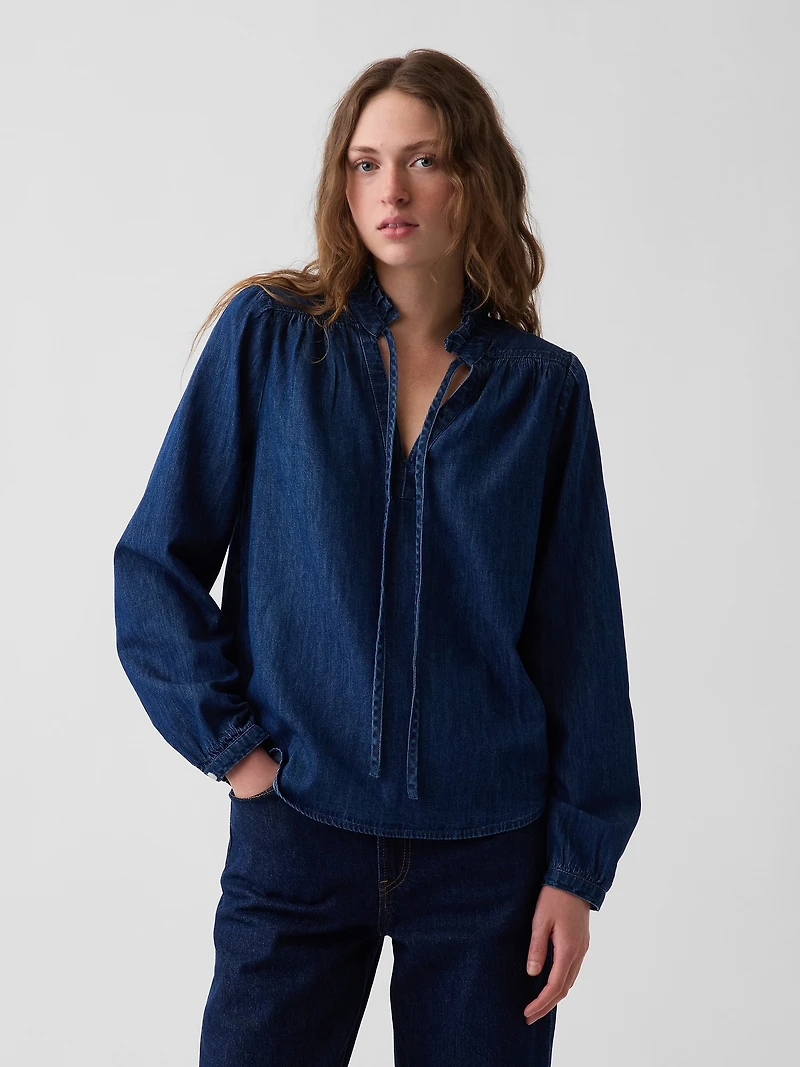 Denim Tie-Neck Popover Shirt