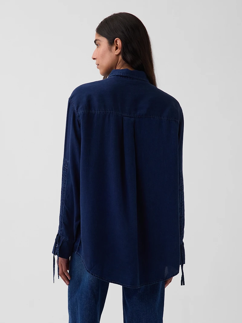 Denim Oversized Ruched-Sleeve Shirt