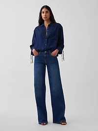 Denim Oversized Ruched-Sleeve Shirt