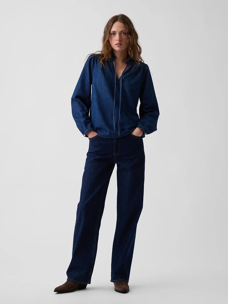 Denim Tie-Neck Popover Shirt