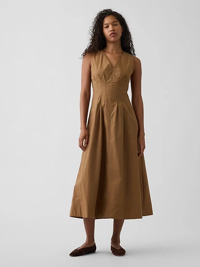 Poplin V-Neck Cinched Maxi Dress