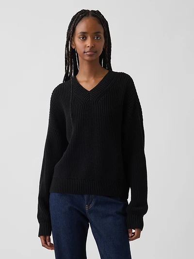 100% Cotton Oversized Shaker V-Neck Sweater