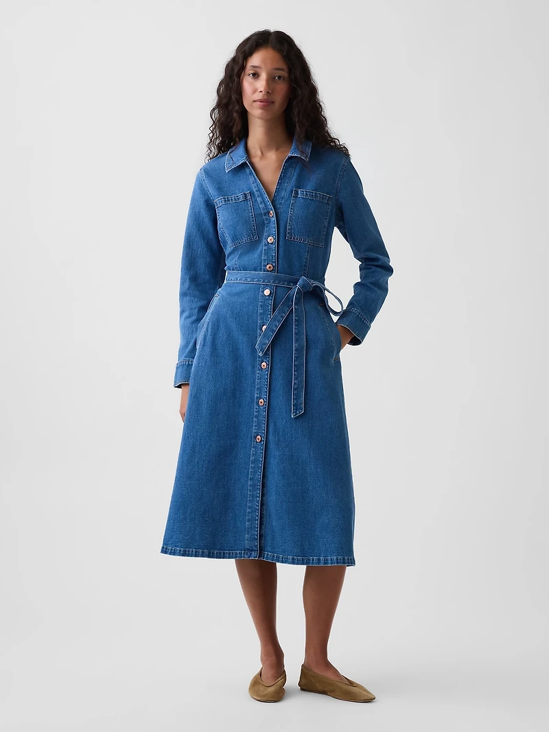 Denim Tie-Belt Midi Shirtdress