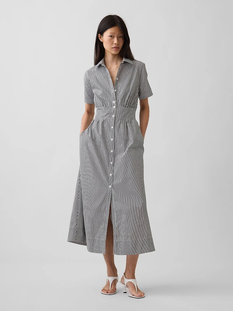 Poplin Smocked-Waist Maxi Shirtdress
