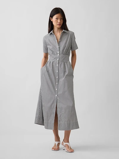 Poplin Smocked-Waist Maxi Shirtdress