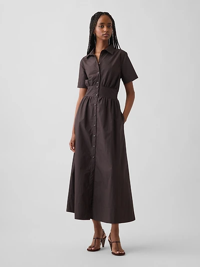 Poplin Smocked-Waist Maxi Shirtdress