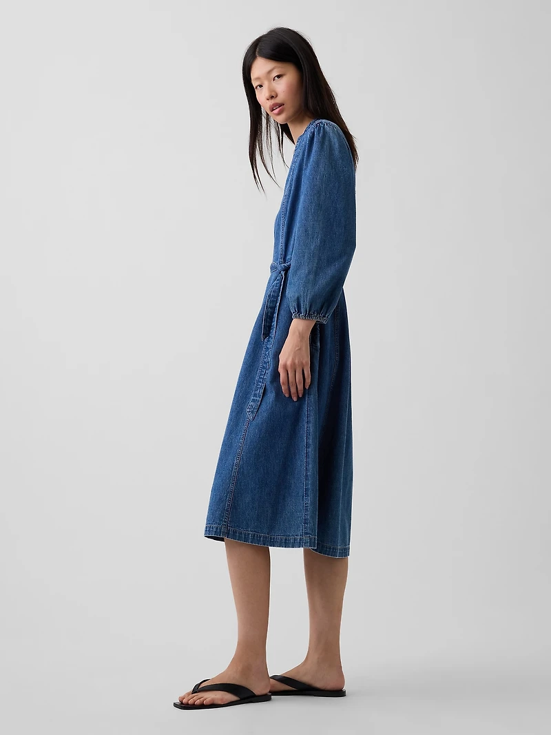 Denim Tie-Belt Midi Dress