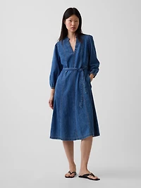 Denim Tie-Belt Midi Dress