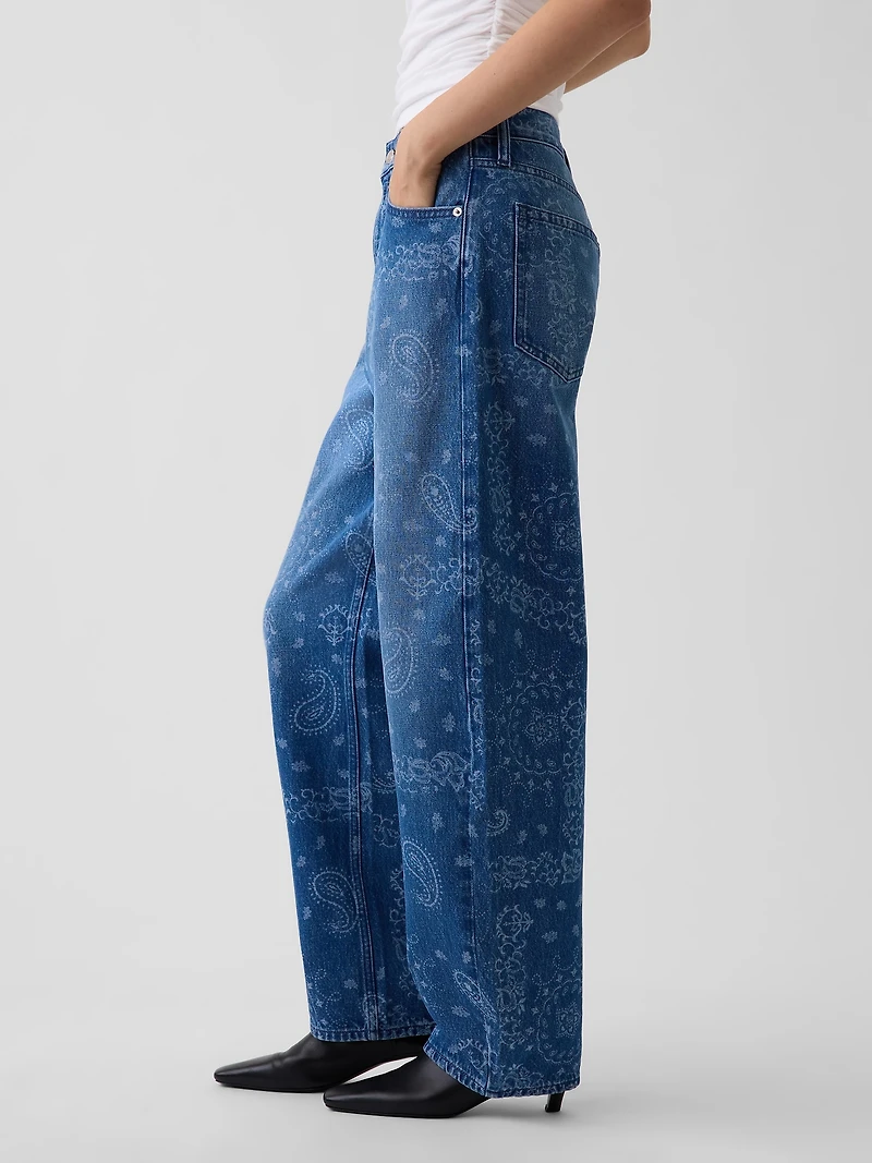 High Rise Bandana Print Barrel Jeans