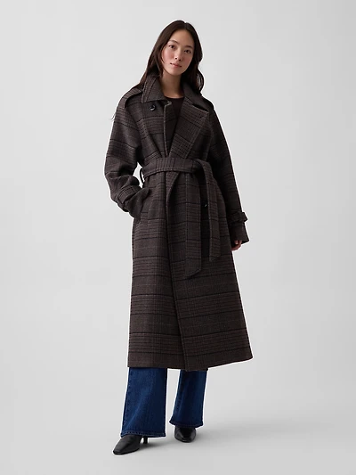 Wool-Blend Plaid Trench Coat