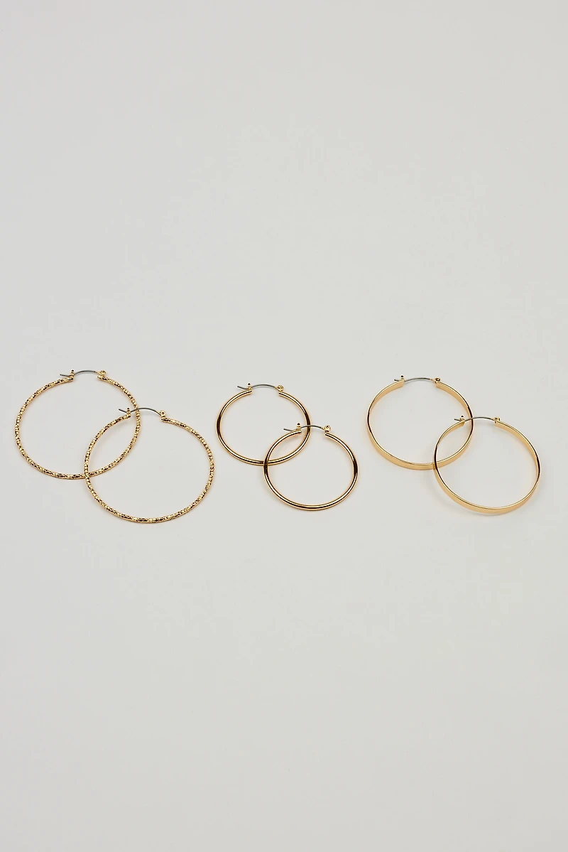 3 Pack Smooth & Textured Hoop Earrings