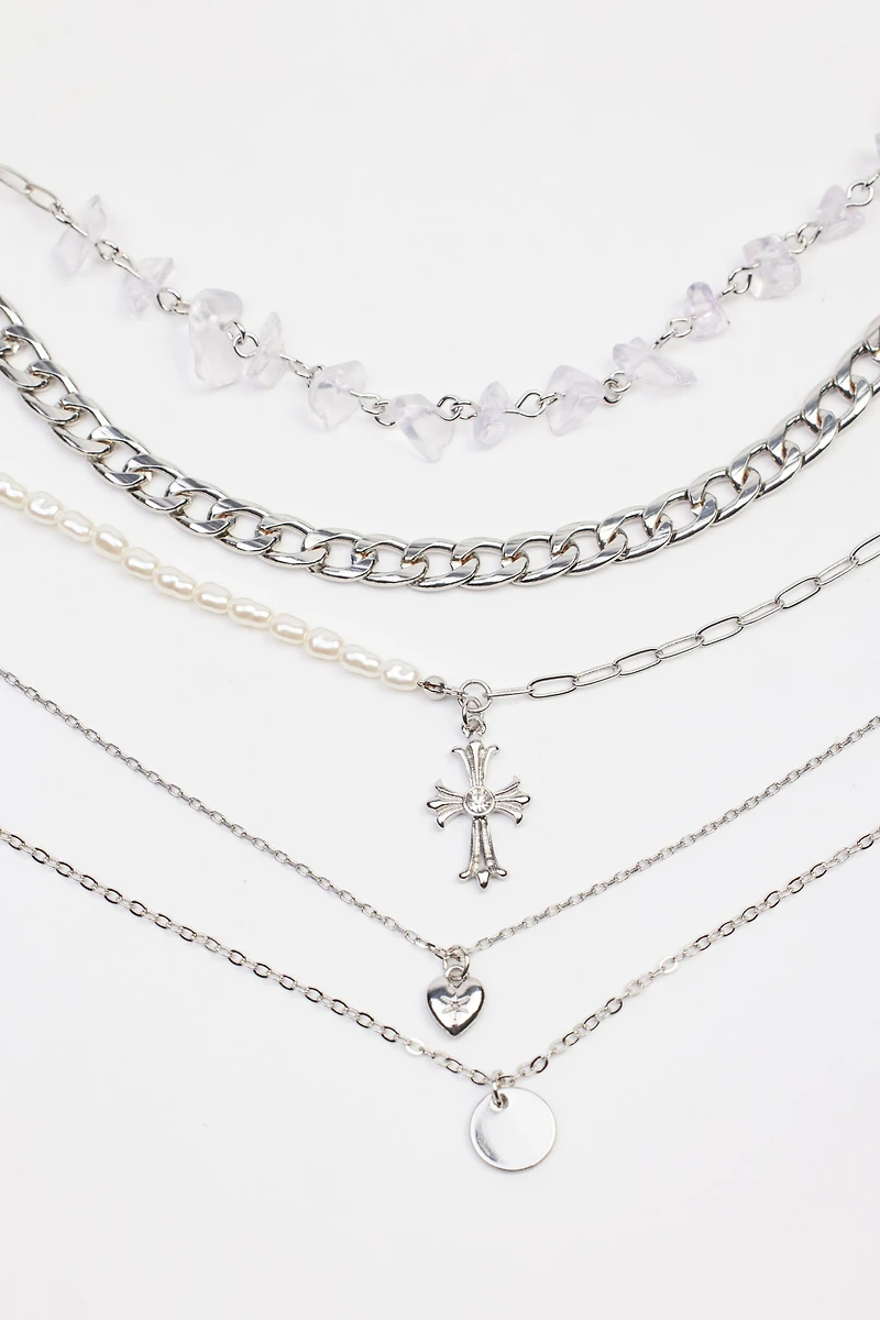 Set of 5 Cross & Pearl Necklaces