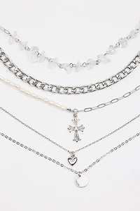 Set of 5 Cross & Pearl Necklaces