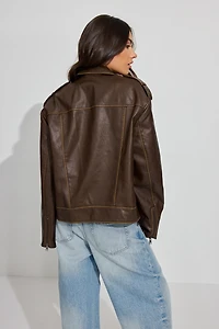 Washed Faux Leather Biker Jacket