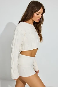 Cropped Cable Crewneck Sweater