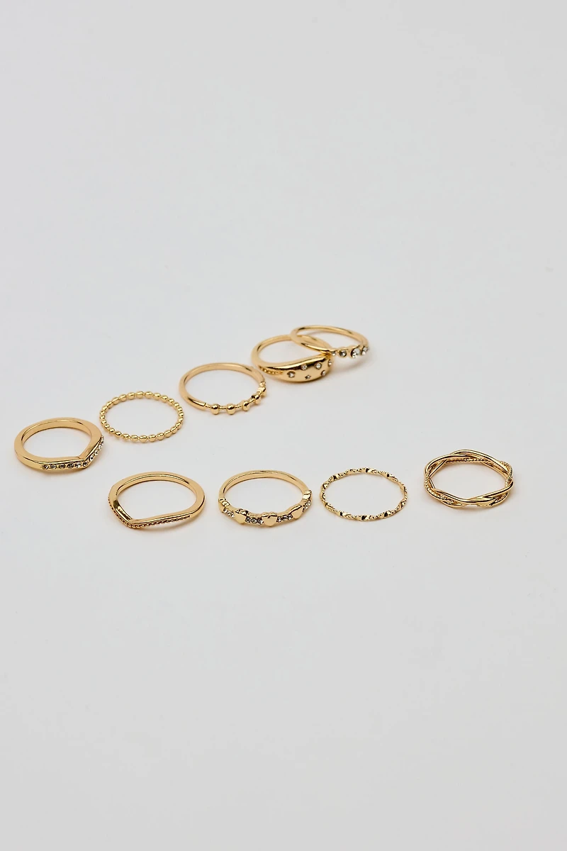 Set of 9 Gemmed & Textured Rings