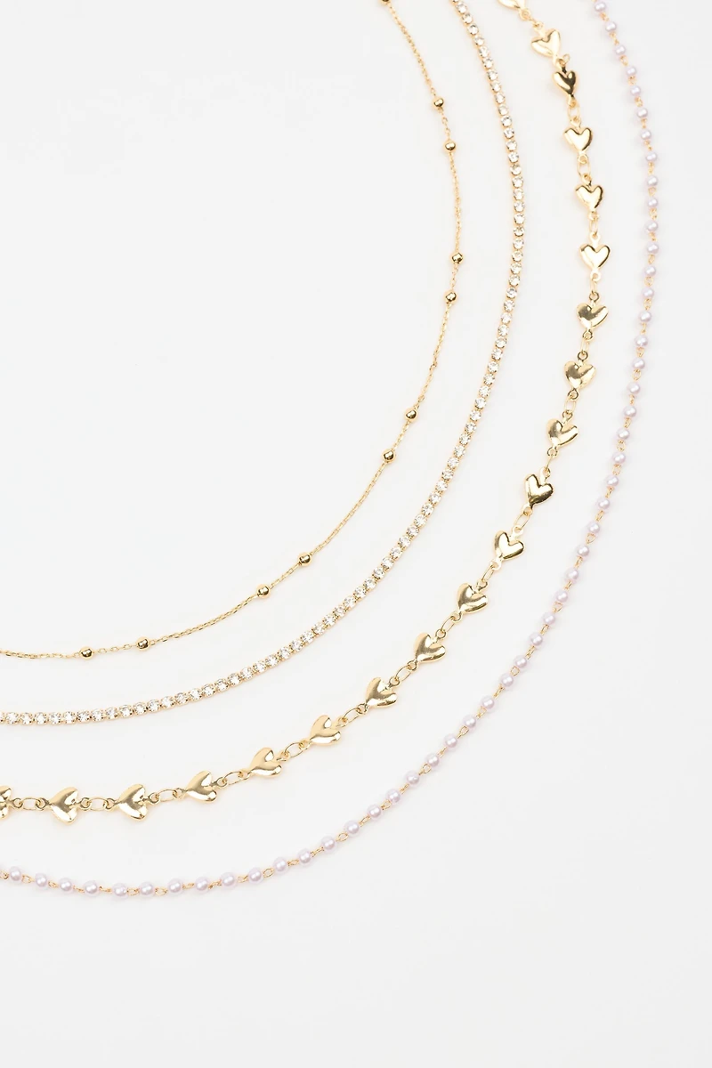 Set of 4 Hearts, Gem, and Pearl Chains