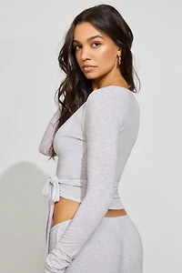 Sheer Ribbed Wrap Long Sleeve Top