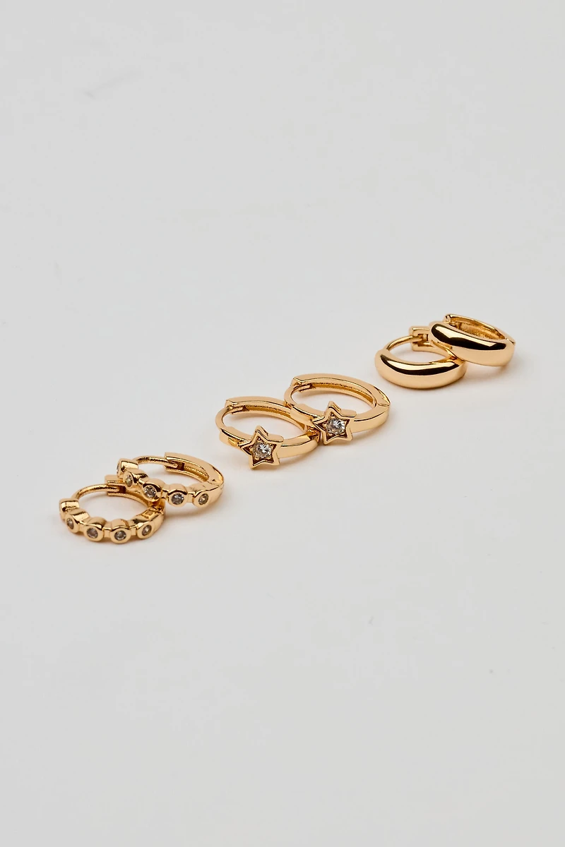 3 Pack Mini Stars & Gem Hoop Earrings
